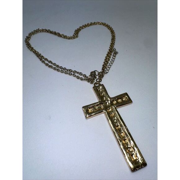 Cross Necklace Vtg White Enamel Gold Tone Rope Chain 28” - Picture 2 of 8